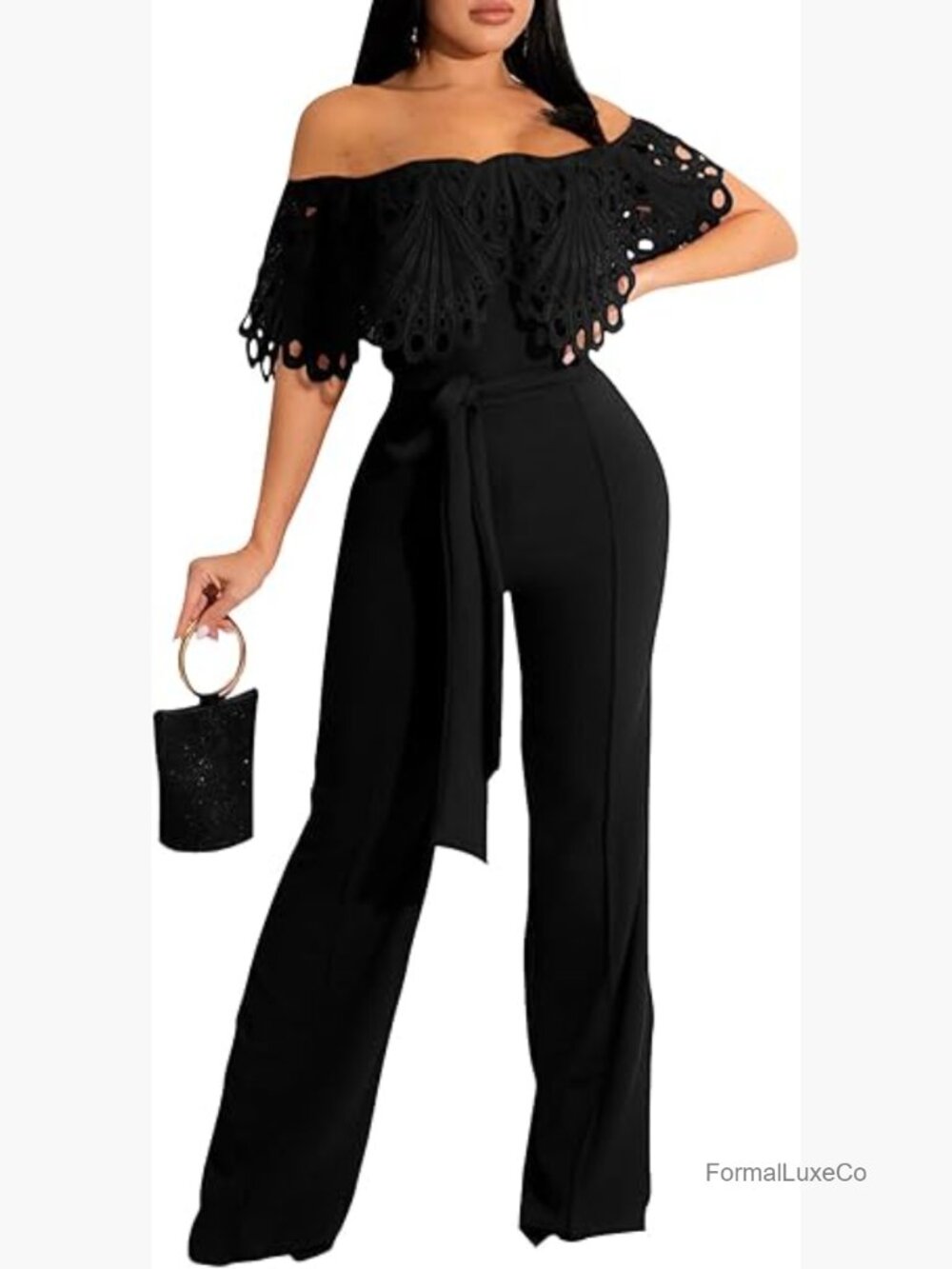 Off Shoulder Jumpsuit Women High Waist Wide Leg Long Pants Belted Romper